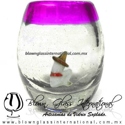 Tequilero barril con Rancherito y Borde de color, Fábrica de Vidrio Soplado Artesanal, made in México - Blown Glass Factory Store Tonala, Handcraft, Handmade.