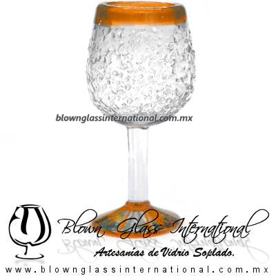 Copa Vino Granizado Natural Borde y Pie de Color Naranja, Fábrica de Vidrio Soplado Artesanal, made in México - Blown Glass Factory Store Tonala, Handcraft, Handmade. Copa Vino Granizado Natural Borde y Pie de Color Naranja, Fábrica de Vidrio Soplado Artesanal, made in México - Blown Glass Factory Store Tonala, Handcraft, Handmade.