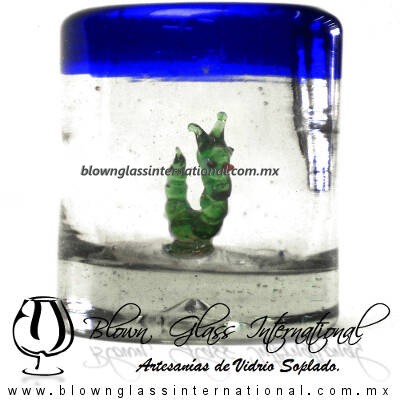 Tequilero Cilíndrico con Gusanito y Borde de Color Azul Cobalto, Fábrica de Vidrio Soplado Artesanal, made in México - Blown Glass Factory Store Tonala, Handcraft, Handmade.