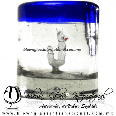 Tequilero Cilíndrico con Gusanito y Borde de Color Azul Cobalto, Fábrica de Vidrio Soplado Artesanal, made in México - Blown Glass Factory Store Tonala, Handcraft, Handmade.