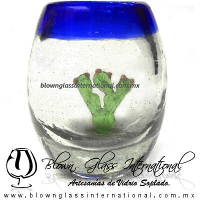 Tequilero barril con Nopal y Borde de color azul cobalto, Fábrica de Vidrio Soplado Artesanal, made in México - Blown Glass Factory Store Tonala, Handcraft, Handmade. Tequilero barril con Nopal y Borde de color azul cobalto, Fábrica de Vidrio Soplado Artesanal, made in México - Blown Glass Factory Store Tonala, Handcraft, Handmade.