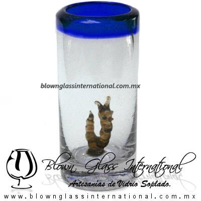 Tequilero Cilíndrico con Gusanito y Borde de Color Azul Cobalto, Fábrica de Vidrio Soplado Artesanal, made in México - Blown Glass Factory Store Tonala, Handcraft, Handmade.
