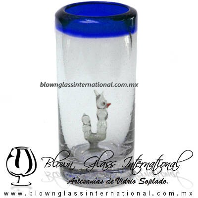 Tequilero Cilíndrico con Gusanito y Borde de Color Azul Cobalto, Fábrica de Vidrio Soplado Artesanal, made in México - Blown Glass Factory Store Tonala, Handcraft, Handmade.