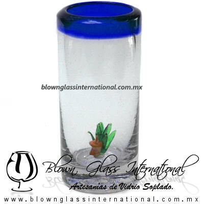 Tequilero Cilíndrico con Agave-Rancherito y Borde de Color Azul Cobalto. Fábrica de Vidrio Soplado Artesanal, made in México - Blown Glass Factory Store Tonala, Handcraft, Handmade.