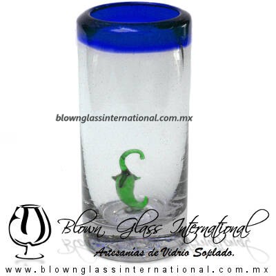 Tequilero Cilíndrico con Chile y Borde de Color Azul Cobalto, Fábrica de Vidrio Soplado Artesanal, made in México - Blown Glass Factory Store Tonala, Handcraft, Handmade.