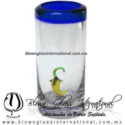 Tequilero Cilíndrico con Chile y Borde de Color Azul Cobalto, Fábrica de Vidrio Soplado Artesanal, made in México - Blown Glass Factory Store Tonala, Handcraft, Handmade.