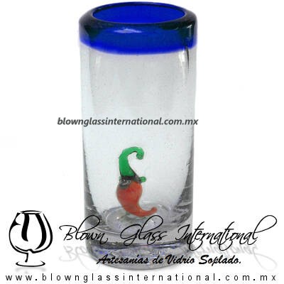 Tequilero Cilíndrico con Chile y Borde de Color Azul Cobalto, Fábrica de Vidrio Soplado Artesanal, made in México - Blown Glass Factory Store Tonala, Handcraft, Handmade.