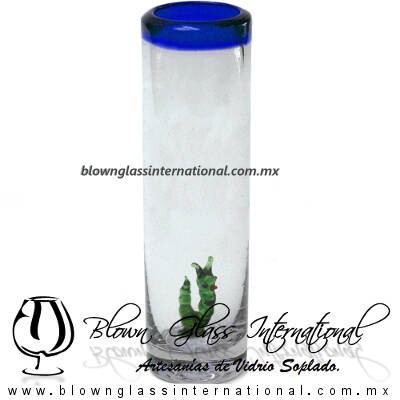 Tequilero Cilíndrico con Gusanito y Borde de Color Azul Cobalto, Fábrica de Vidrio Soplado Artesanal, made in México - Blown Glass Factory Store Tonala, Handcraft, Handmade.