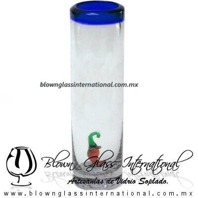 Tequilero Cilíndrico con Chile y Borde de Color Azul Cobalto, Fábrica de Vidrio Soplado Artesanal, made in México - Blown Glass Factory Store Tonala, Handcraft, Handmade.
