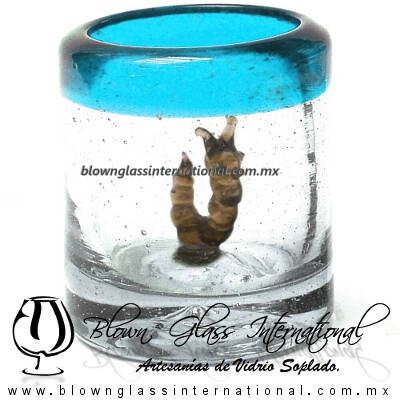 Tequilero Cilíndrico con Gusanito y Borde de Color Azul Aguamarina, Fábrica de Vidrio Soplado Artesanal, made in México - Blown Glass Factory Store Tonala, Handcraft, Handmade.