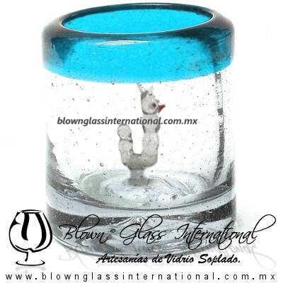 Tequilero Cilíndrico con Gusanito y Borde de Color Azul Aguamarina, Fábrica de Vidrio Soplado Artesanal, made in México - Blown Glass Factory Store Tonala, Handcraft, Handmade.