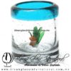 Tequilero Cilíndrico con Agave-Rancherito y Borde de Color Azul Aguamarina. Fábrica de Vidrio Soplado Artesanal, made in México - Blown Glass Factory Store Tonala, Handcraft, Handmade.