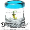 Tequilero Cilíndrico con Chile y Borde de Color Azul Aguamarina, Fábrica de Vidrio Soplado Artesanal, made in México - Blown Glass Factory Store Tonala, Handcraft, Handmade.