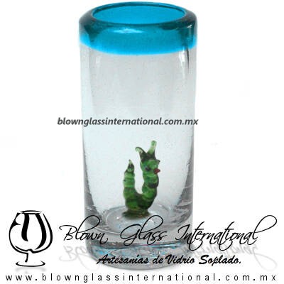 Tequilero Cilíndrico con Gusanito y Borde de Color Azul Aguamarina, Fábrica de Vidrio Soplado Artesanal, made in México - Blown Glass Factory Store Tonala, Handcraft, Handmade.
