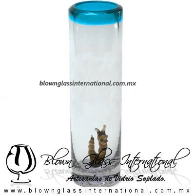 Tequilero Cilíndrico con Gusanito y Borde de Color Azul Aguamarina, Fábrica de Vidrio Soplado Artesanal, made in México - Blown Glass Factory Store Tonala, Handcraft, Handmade.