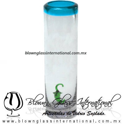 Tequilero Cilíndrico con Chile y Borde de Color Azul Aguamarina, Fábrica de Vidrio Soplado Artesanal, made in México - Blown Glass Factory Store Tonala, Handcraft, Handmade.