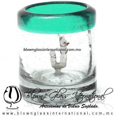 Tequilero Cilíndrico con Gusanito y Borde de Color Azul Teal (turquesa), Fábrica de Vidrio Soplado Artesanal, made in México - Blown Glass Factory Store Tonala, Handcraft, Handmade.