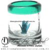 Tequilero Cilíndrico con Agave y Borde de Color Azul Turquesa, Teal Fábrica de Vidrio Soplado Artesanal, made in México - Blown Glass Factory Store Tonala, Handcraft, Handmade.