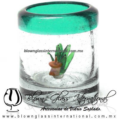 Tequilero Cilíndrico con Agave-Rancherito y Borde de Color Azul Teal (Turquesa). Fábrica de Vidrio Soplado Artesanal, made in México - Blown Glass Factory Store Tonala, Handcraft, Handmade.