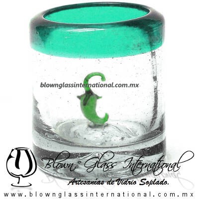 Tequilero Cilíndrico con Chile y Borde de Color Azul Teal (Turquesa), Fábrica de Vidrio Soplado Artesanal, made in México - Blown Glass Factory Store Tonala, Handcraft, Handmade.