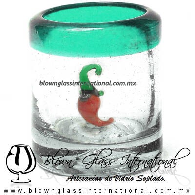 Tequilero Cilíndrico con Chile y Borde de Color Azul Teal (Turquesa), Fábrica de Vidrio Soplado Artesanal, made in México - Blown Glass Factory Store Tonala, Handcraft, Handmade.