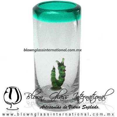 Tequilero Cilíndrico con Gusanito y Borde de Color Azul Teal (turquesa), Fábrica de Vidrio Soplado Artesanal, made in México - Blown Glass Factory Store Tonala, Handcraft, Handmade.