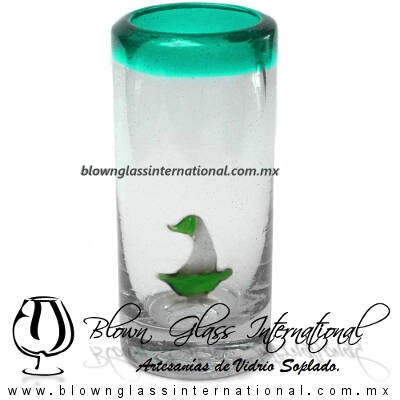 Tequilero Cilíndrico con Barco Velero y Borde de Color Azul Teal (Turquesa), Fábrica de Vidrio Soplado Artesanal, made in México - Blown Glass Factory Store Tonala, Handcraft, Handmade. Tequilero Cilíndrico con Barco Velero y Borde de Color Azul Teal (Turquesa), Fábrica de Vidrio Soplado Artesanal, made in México - Blown Glass Factory Store Tonala, Handcraft, Handmade.