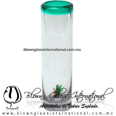 Tequilero Cilíndrico con Agave-Rancherito y Borde de Color Azul Teal (Turquesa). Fábrica de Vidrio Soplado Artesanal, made in México - Blown Glass Factory Store Tonala, Handcraft, Handmade.