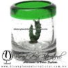 Tequilero Cilíndrico con Gusanito y Borde de Color Verde Jade, Fábrica de Vidrio Soplado Artesanal, made in México - Blown Glass Factory Store Tonala, Handcraft, Handmade.