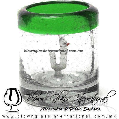 Tequilero Cilíndrico con Gusanito y Borde de Color Verde Jade, Fábrica de Vidrio Soplado Artesanal, made in México - Blown Glass Factory Store Tonala, Handcraft, Handmade.