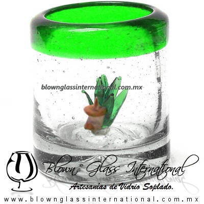 Tequilero Cilíndrico con Agave-Rancherito y Borde de Color Verde Jade. Fábrica de Vidrio Soplado Artesanal, made in México - Blown Glass Factory Store Tonala, Handcraft, Handmade.