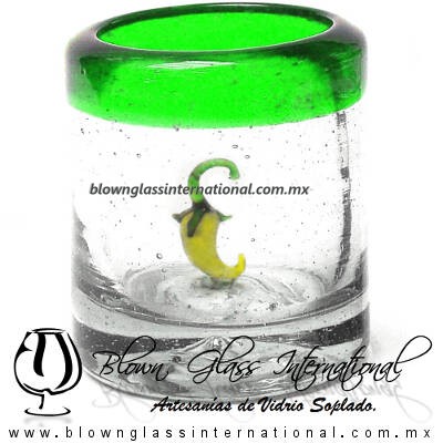 Tequilero Cilíndrico con Chile y Borde de Color Verde Jade, Fábrica de Vidrio Soplado Artesanal, made in México - Blown Glass Factory Store Tonala, Handcraft, Handmade.