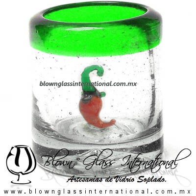 Tequilero Cilíndrico con Chile y Borde de Color Verde Jade, Fábrica de Vidrio Soplado Artesanal, made in México - Blown Glass Factory Store Tonala, Handcraft, Handmade.