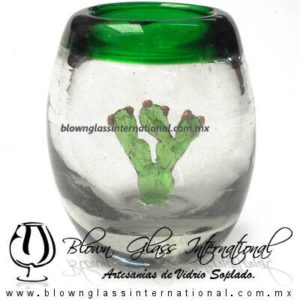Tequilero barril con Nopal y Borde de color, Fábrica de Vidrio Soplado Artesanal, made in México - Blown Glass Factory Store Tonala, Handcraft, Handmade.