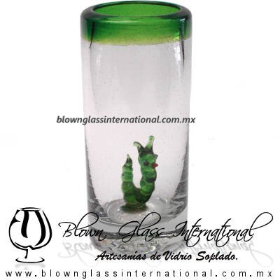 Tequilero Cilíndrico con Gusanito y Borde de Color Verde Jade, Fábrica de Vidrio Soplado Artesanal, made in México - Blown Glass Factory Store Tonala, Handcraft, Handmade.