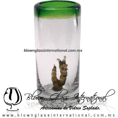 Tequilero Cilíndrico con Gusanito y Borde de Color Verde Jade, Fábrica de Vidrio Soplado Artesanal, made in México - Blown Glass Factory Store Tonala, Handcraft, Handmade.