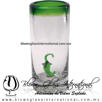 Tequilero Cilíndrico con Chile y Borde de Color Verde Jade, Fábrica de Vidrio Soplado Artesanal, made in México - Blown Glass Factory Store Tonala, Handcraft, Handmade.