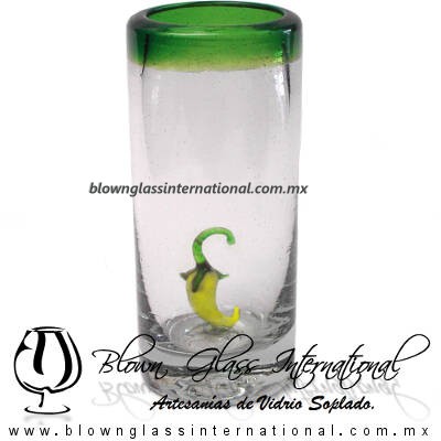 Tequilero Cilíndrico con Chile y Borde de Color Verde Jade, Fábrica de Vidrio Soplado Artesanal, made in México - Blown Glass Factory Store Tonala, Handcraft, Handmade.