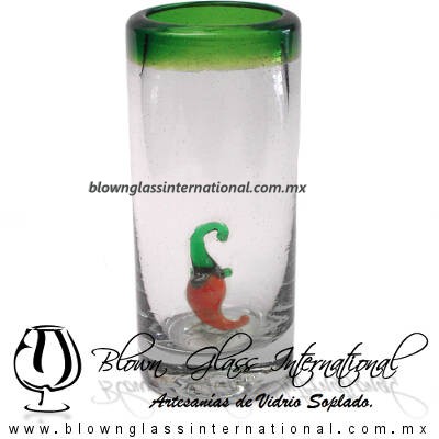 Tequilero Cilíndrico con Chile y Borde de Color Verde Jade, Fábrica de Vidrio Soplado Artesanal, made in México - Blown Glass Factory Store Tonala, Handcraft, Handmade.