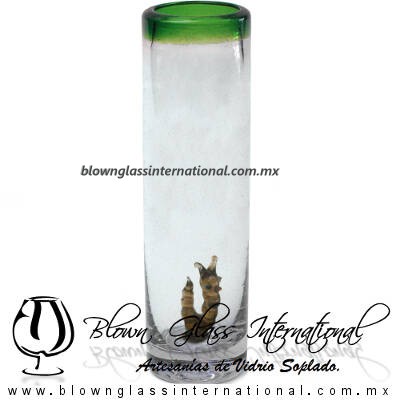 Tequilero Cilíndrico con Gusanito y Borde de Color Verde Jade, Fábrica de Vidrio Soplado Artesanal, made in México - Blown Glass Factory Store Tonala, Handcraft, Handmade.