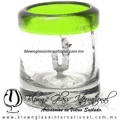 Tequilero Cilíndrico con Gusanito y Borde de Color Verde Lima, Fábrica de Vidrio Soplado Artesanal, made in México - Blown Glass Factory Store Tonala, Handcraft, Handmade.
