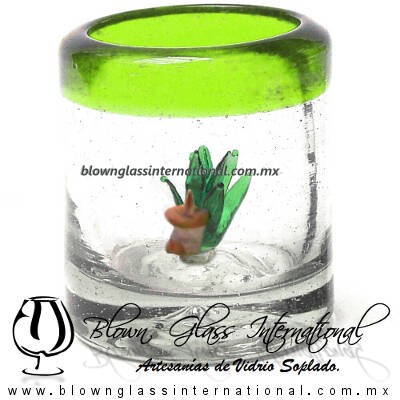 Tequilero Cilíndrico con Agave-Rancherito y Borde de Color Verde Lima. Fábrica de Vidrio Soplado Artesanal, made in México - Blown Glass Factory Store Tonala, Handcraft, Handmade.