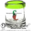 Tequilero Cilíndrico con Chile y Borde de Color Verde Lima, Fábrica de Vidrio Soplado Artesanal, made in México - Blown Glass Factory Store Tonala, Handcraft, Handmade.