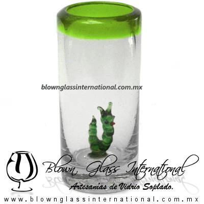 Tequilero Cilíndrico con Gusanito y Borde de Color Verde Lima, Fábrica de Vidrio Soplado Artesanal, made in México - Blown Glass Factory Store Tonala, Handcraft, Handmade.