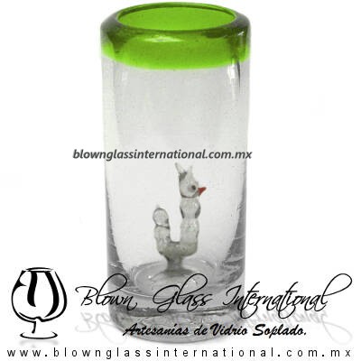Tequilero Cilíndrico con Gusanito y Borde de Color Verde Lima, Fábrica de Vidrio Soplado Artesanal, made in México - Blown Glass Factory Store Tonala, Handcraft, Handmade.