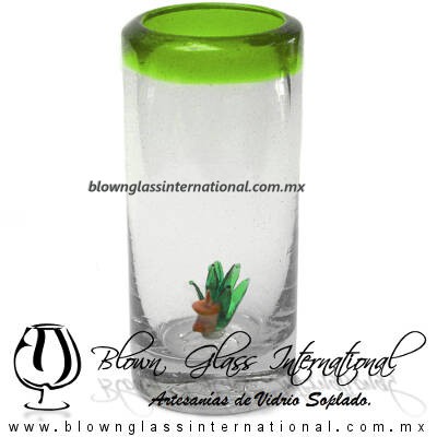 Tequilero Cilíndrico con Agave-Rancherito y Borde de Color Verde Lima. Fábrica de Vidrio Soplado Artesanal, made in México - Blown Glass Factory Store Tonala, Handcraft, Handmade.
