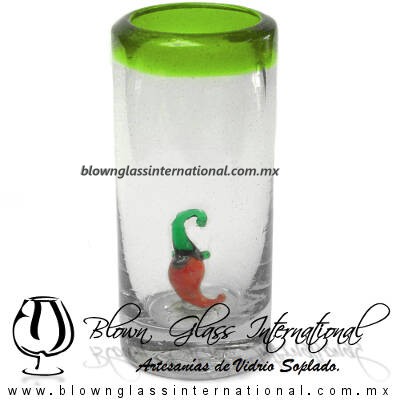 Tequilero Cilíndrico con Chile y Borde de Color Verde Lima, Fábrica de Vidrio Soplado Artesanal, made in México - Blown Glass Factory Store Tonala, Handcraft, Handmade.