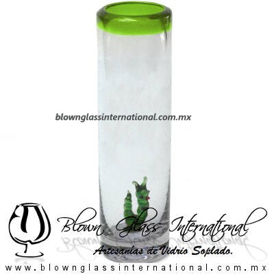Tequilero Cilíndrico con Gusanito y Borde de Color Verde Lima, Fábrica de Vidrio Soplado Artesanal, made in México - Blown Glass Factory Store Tonala, Handcraft, Handmade.