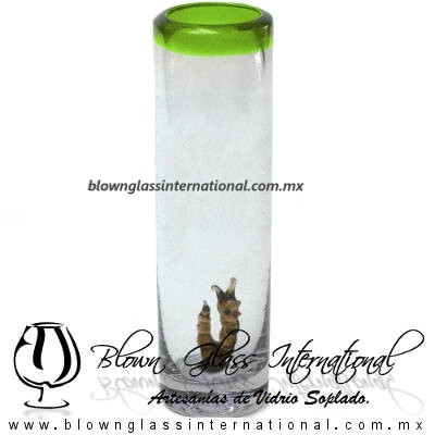 Tequilero Cilíndrico con Gusanito y Borde de Color Verde Lima, Fábrica de Vidrio Soplado Artesanal, made in México - Blown Glass Factory Store Tonala, Handcraft, Handmade.