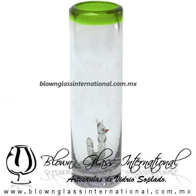 Tequilero Cilíndrico con Gusanito y Borde de Color Verde Lima, Fábrica de Vidrio Soplado Artesanal, made in México - Blown Glass Factory Store Tonala, Handcraft, Handmade.